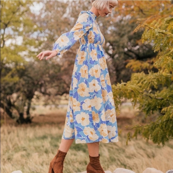 JessaKae Fallen Willow Floral Smocked Midi Cottagecore Peasent Long Sleeve Dress - Picture 12 of 12